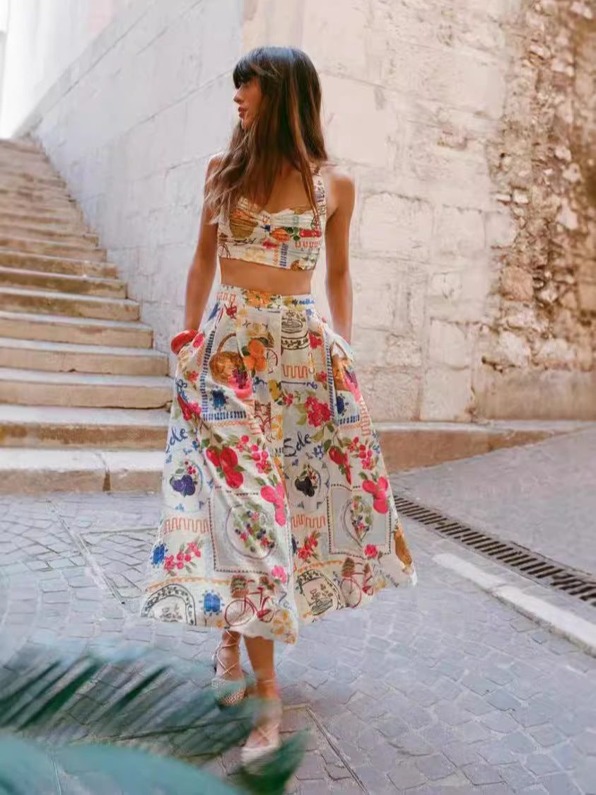 HONGTEYA Linen Blend Fruit Print Halterneck Pleated Top and Pocket Buttoned Maxi Skirt Set