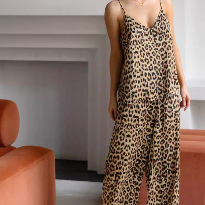 HONGTEYA V-neck Leopard Cami Top & Mid Rise Straight Leg Trousers Loungewear Set