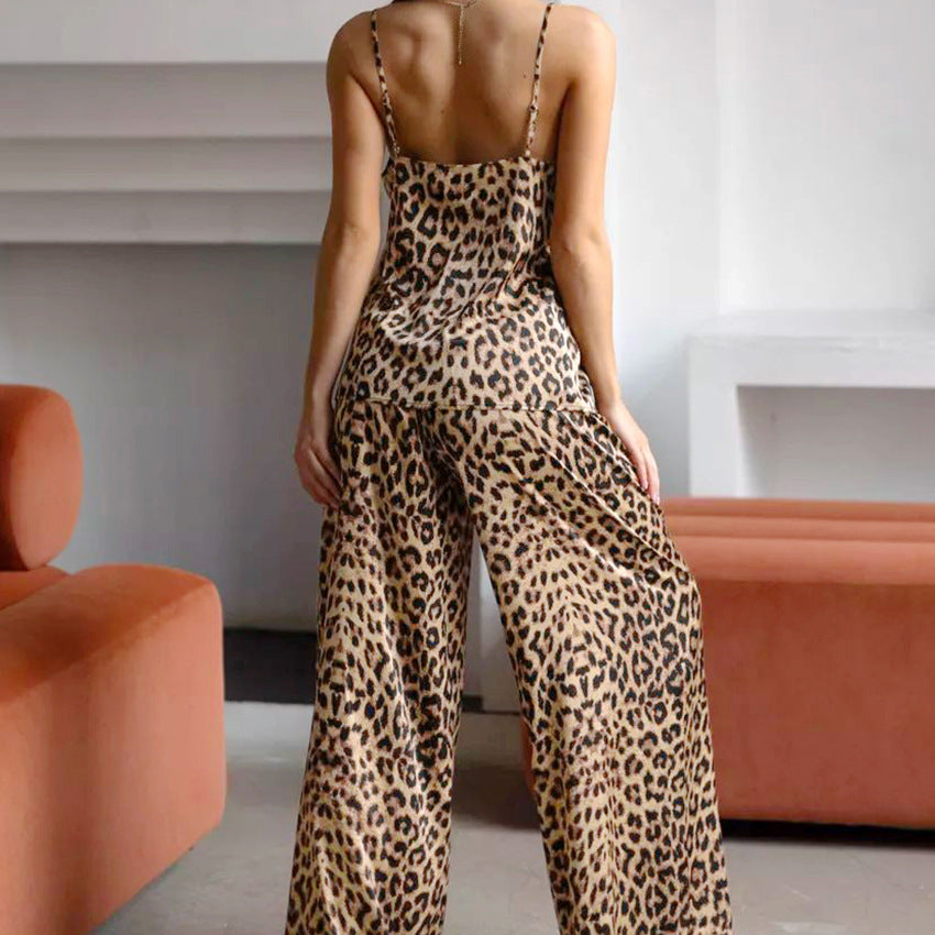 HONGTEYA V-neck Leopard Cami Top & Mid Rise Straight Leg Trousers Loungewear Set