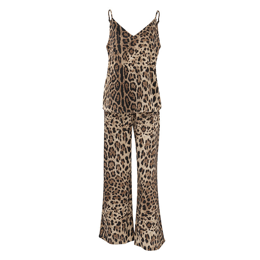 HONGTEYA V-neck Leopard Cami Top & Mid Rise Straight Leg Trousers Loungewear Set