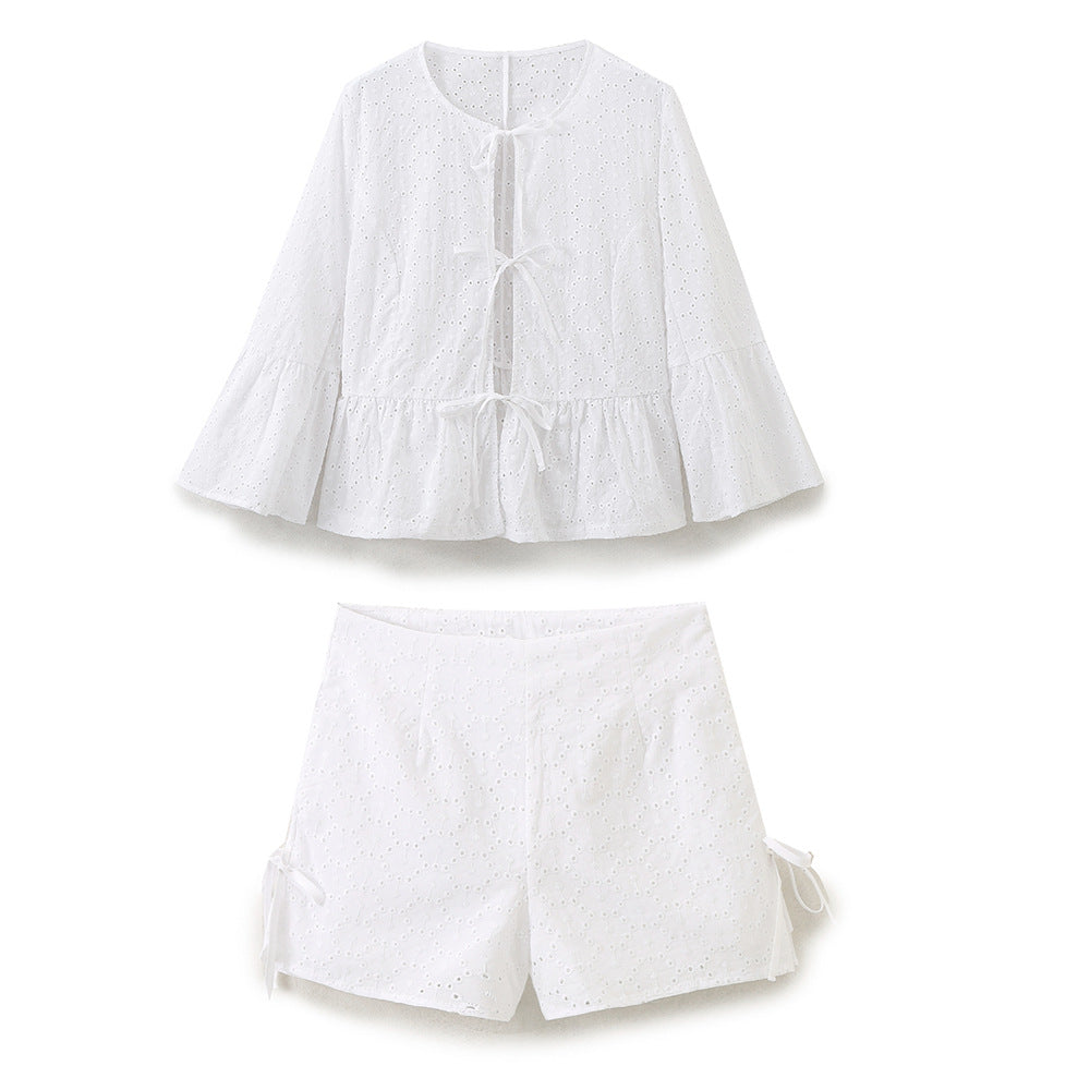 HONGTEYA 2025 Fashion Women's Casual Embroidered Tracksuit Short Sleeve Tie Bow Top, A-Line Shorts