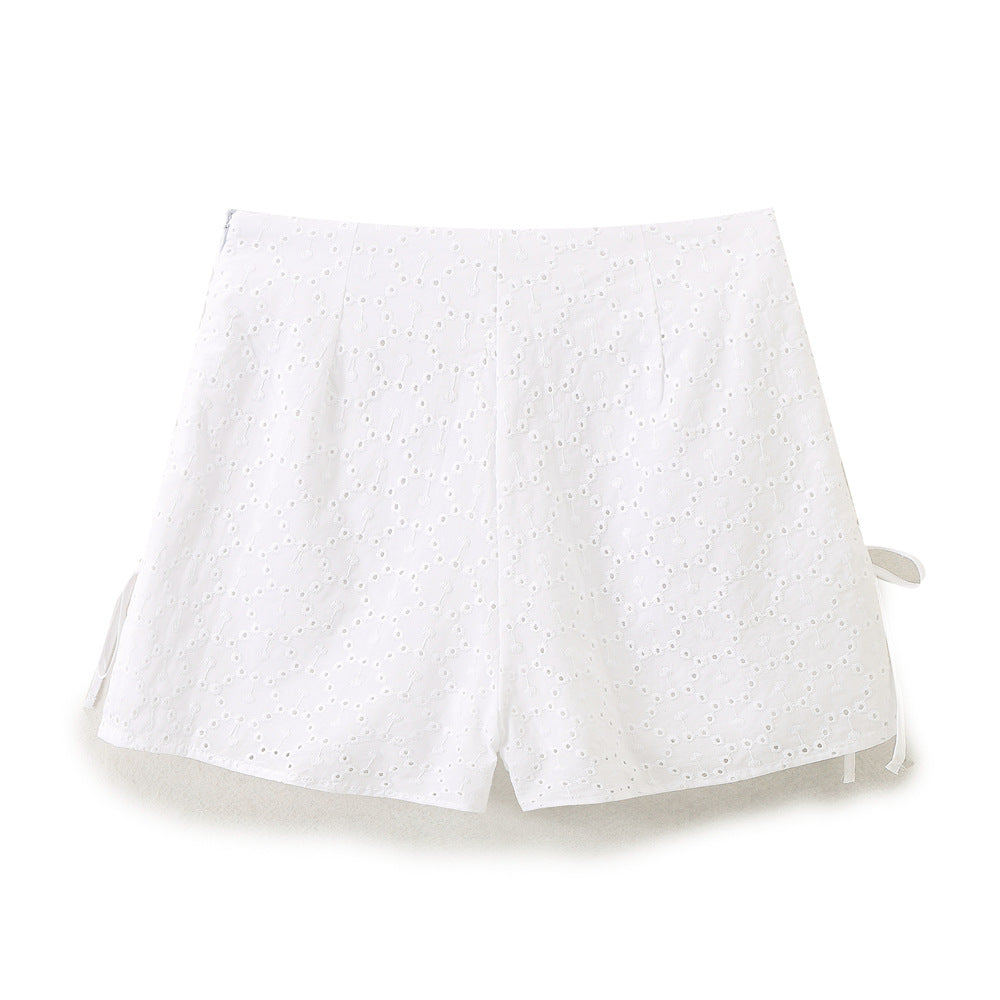 HONGTEYA 2025 Fashion Women's Casual Embroidered Tracksuit Short Sleeve Tie Bow Top, A-Line Shorts
