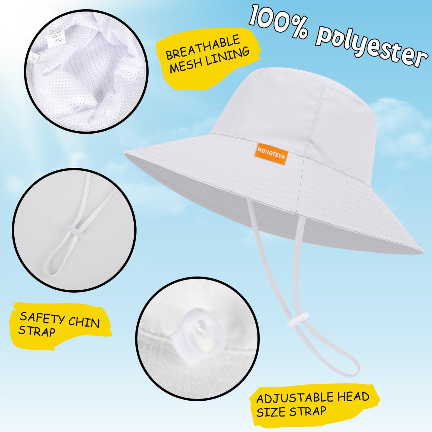 HONGTEYA Baby Sun Hat Kids Summer UPF 50+ Toddler Bucket Hat Wide Brim Adjustable Beach Hats for Boys Girls Age 0-6 Years