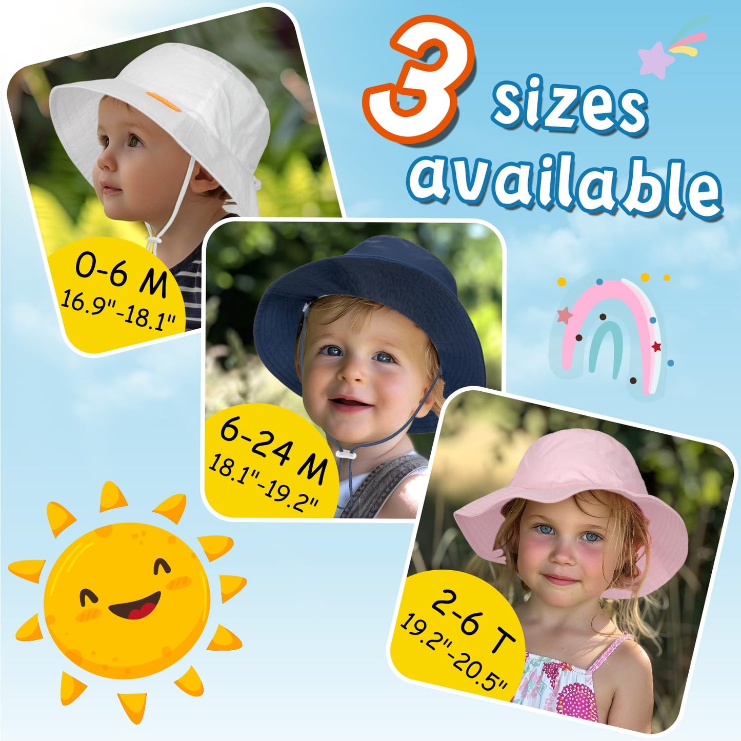 HONGTEYA Baby Sun Hat Kids Summer UPF 50+ Toddler Bucket Hat Wide Brim Adjustable Beach Hats for Boys Girls Age 0-6 Years