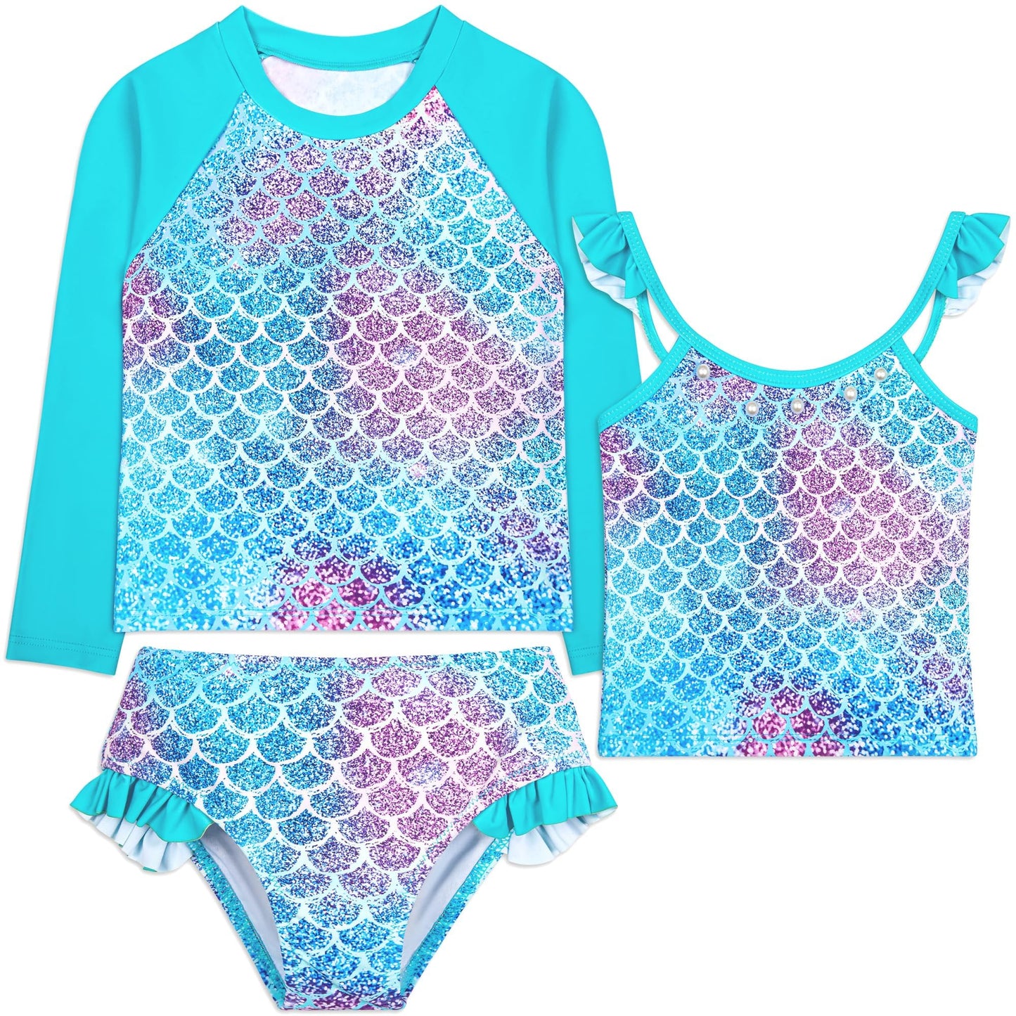 HONGTEYA 3 Pcs Girls Long Sleeve Swimsuit Rash Guard Swimsuit Quick Dry Tankini Bathing Suits Girls' Swimwear 3-9 Years