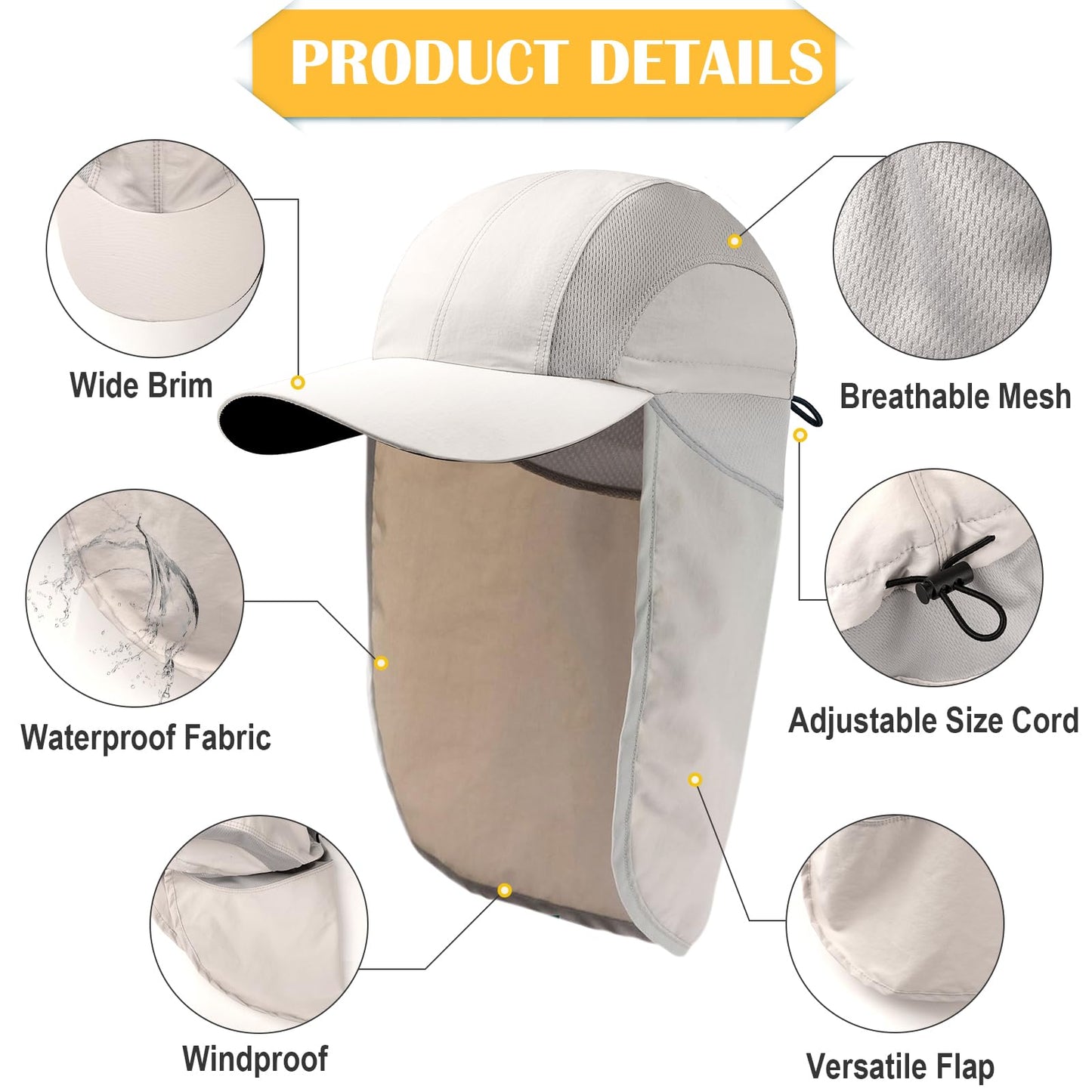 HONGTEYA Mens Sun Hat with Breathable Mesh, UPF 50+ Sun Protection Fishing Hat with Neck Flap for Fishing Hiking Cycling