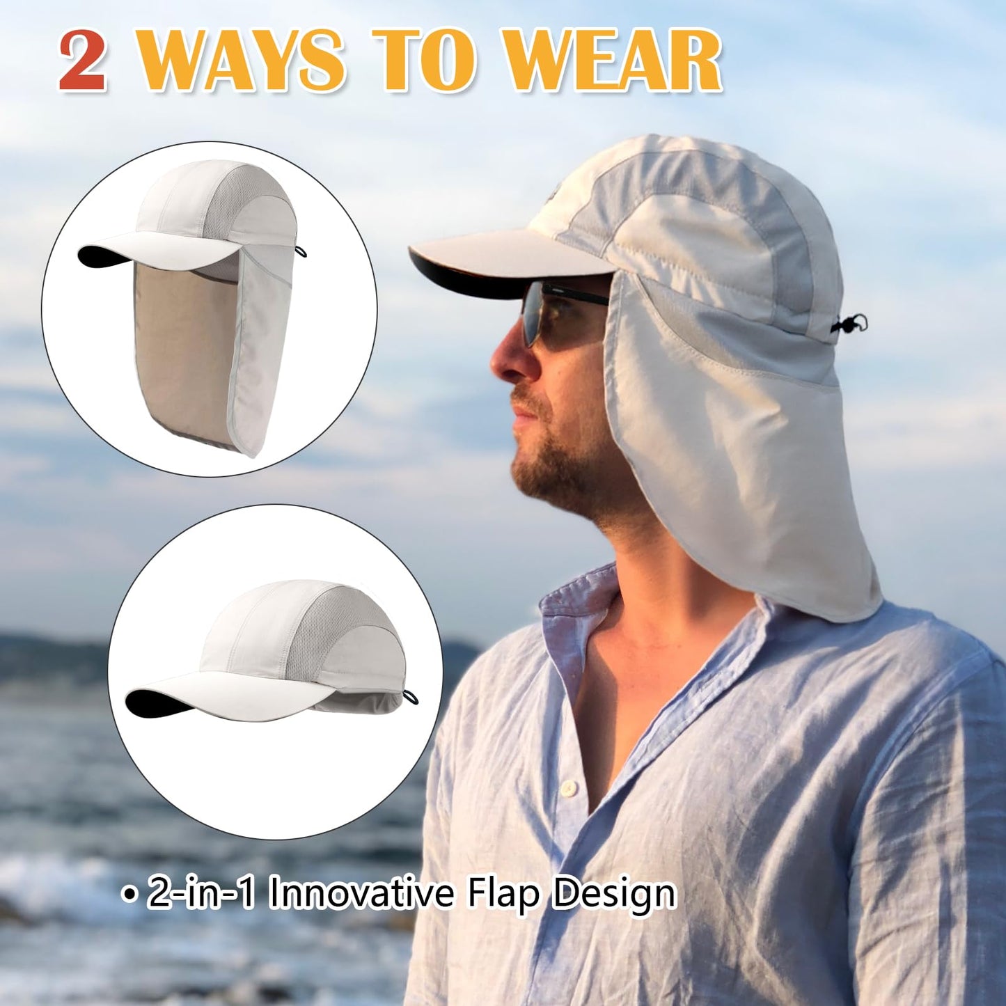 HONGTEYA Mens Sun Hat with Breathable Mesh, UPF 50+ Sun Protection Fishing Hat with Neck Flap for Fishing Hiking Cycling