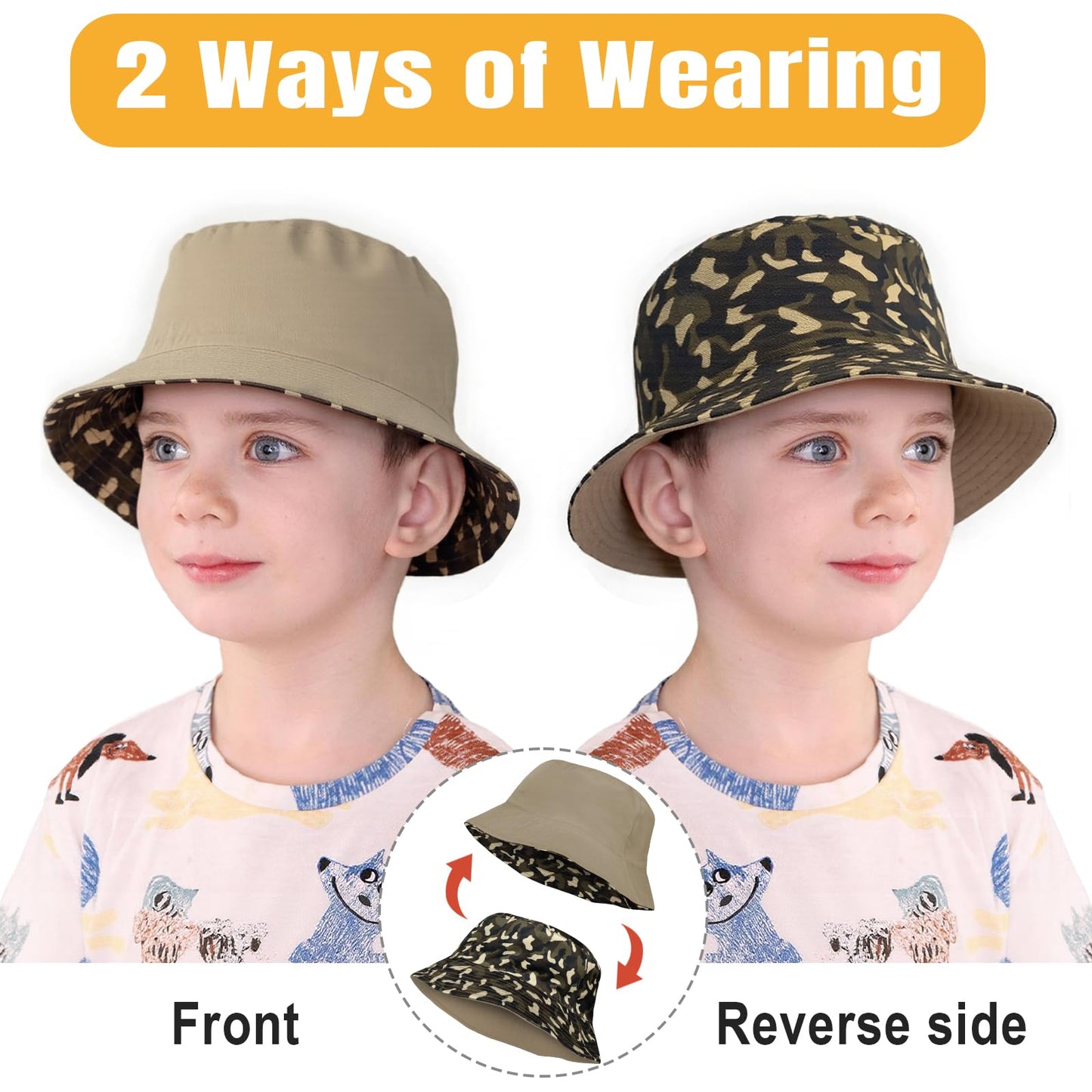 HONGTEYA Kids Sun Hat UPF 50+ Double Side Bucket Hats for Boys Girls Summer Sun Protection Wide Brim Unisex Beach Outdoor