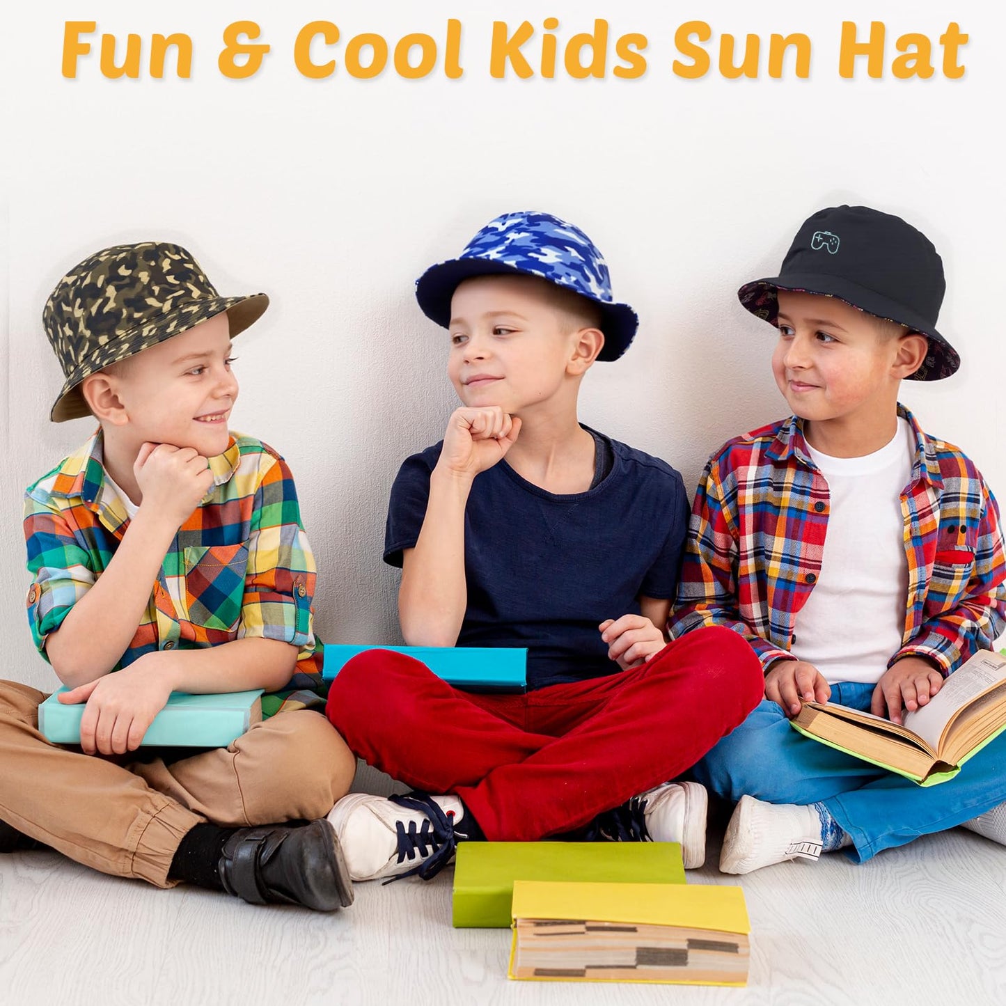 HONGTEYA Kids Sun Hat UPF 50+ Double Side Bucket Hats for Boys Girls Summer Sun Protection Wide Brim Unisex Beach Outdoor
