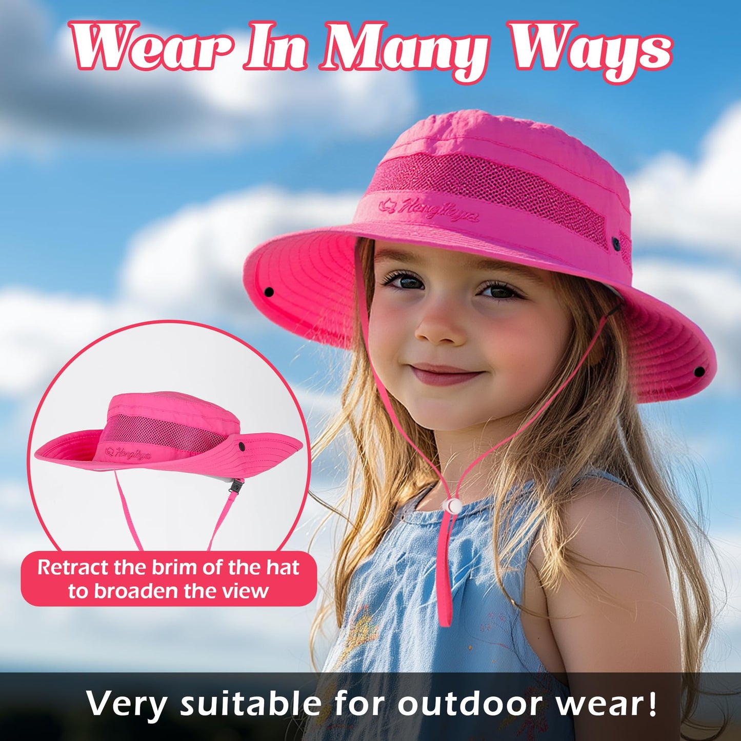 HONGTEYA Kids Sun Hat Summer UPF 50+ Outdoor Bucket Hat for Boys Girls Wide Brim Kids Hiking Beach Camping Hat 5-13 Years