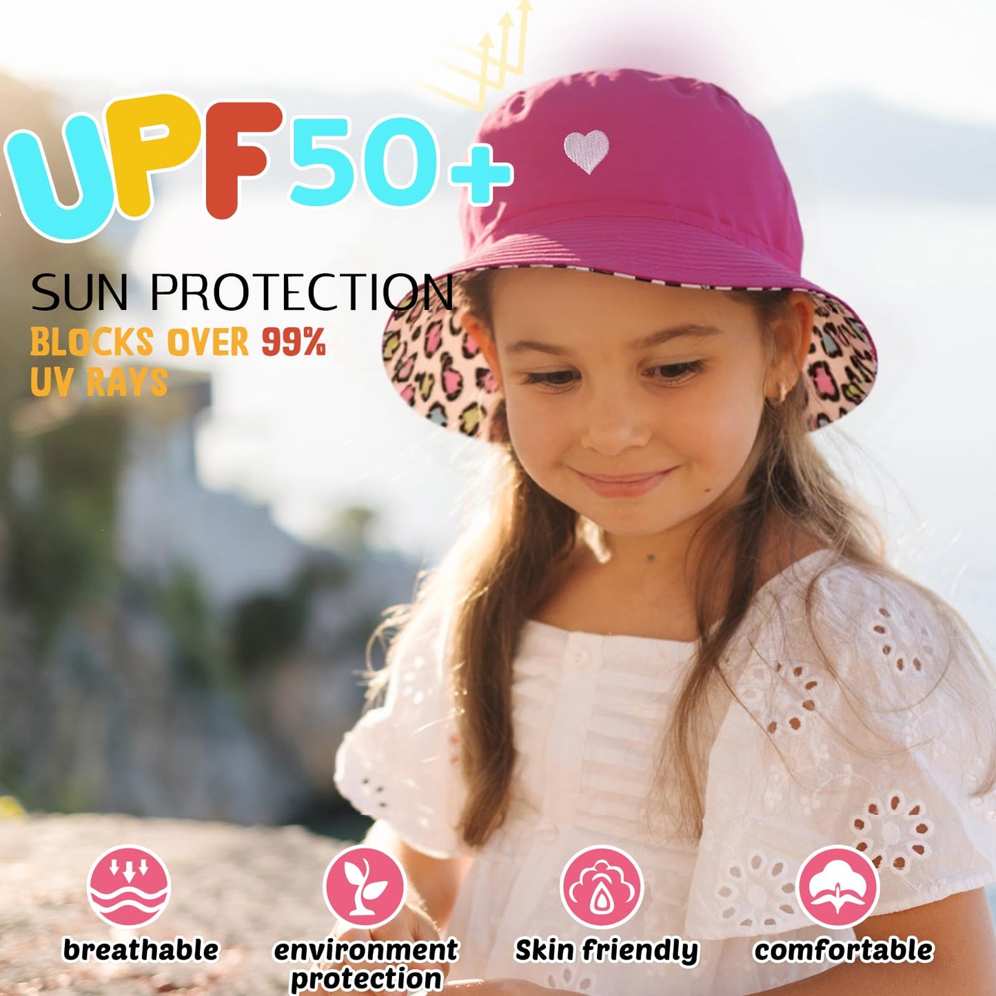 HONGTEYA Kids Sun Hat UPF 50+ Double Side Bucket Hats for Boys Girls Summer Sun Protection Wide Brim Unisex Beach Outdoor