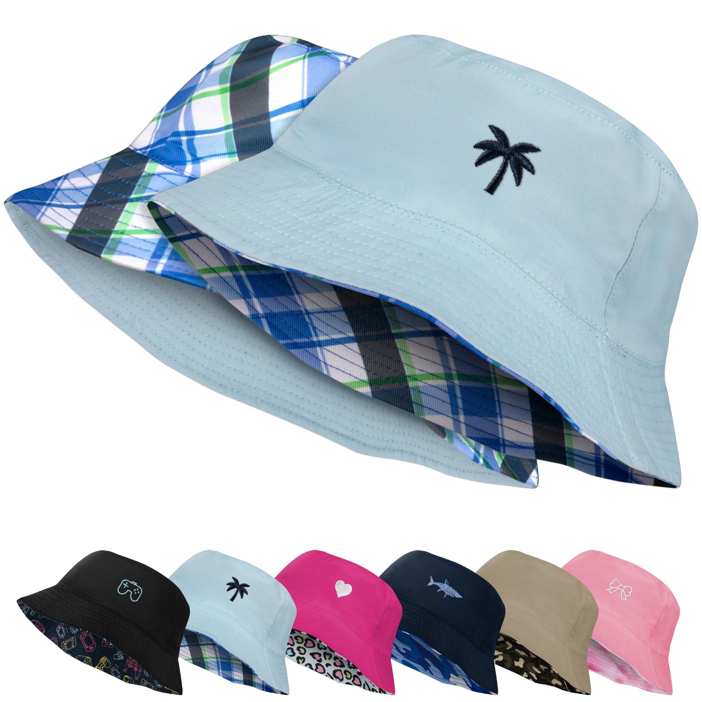 HONGTEYA Kids Sun Hat UPF 50+ Double Side Bucket Hats for Boys Girls Summer Sun Protection Wide Brim Unisex Beach Outdoor