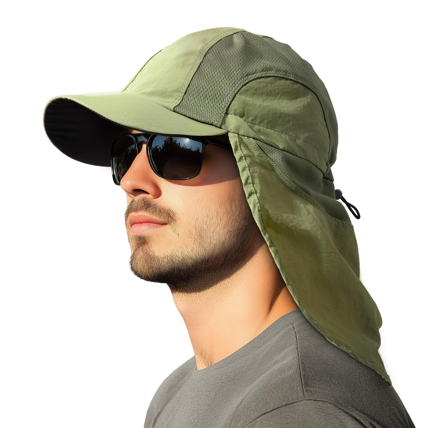 HONGTEYA Mens Sun Hat with Breathable Mesh, UPF 50+ Sun Protection Fishing Hat with Neck Flap for Fishing Hiking Cycling