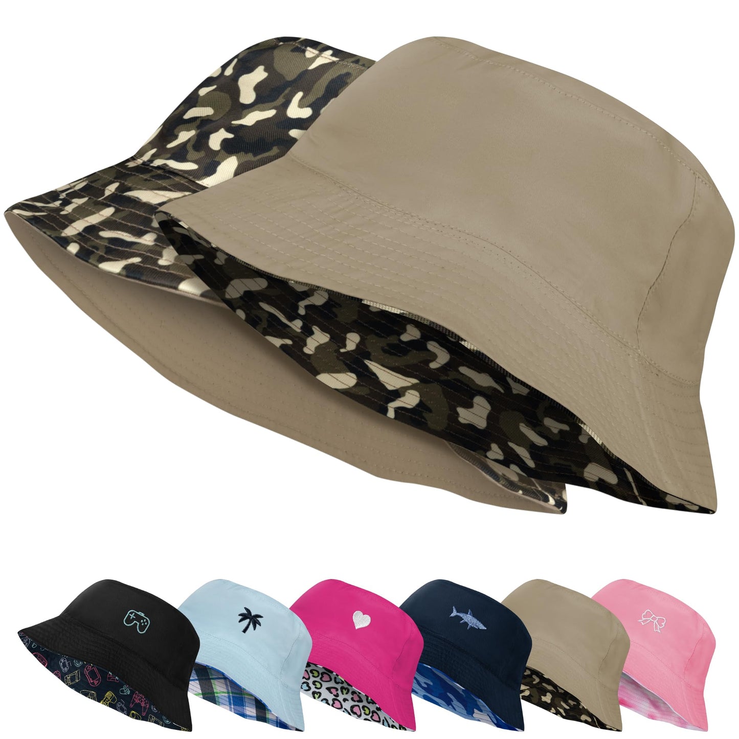 HONGTEYA Kids Sun Hat UPF 50+ Double Side Bucket Hats for Boys Girls Summer Sun Protection Wide Brim Unisex Beach Outdoor