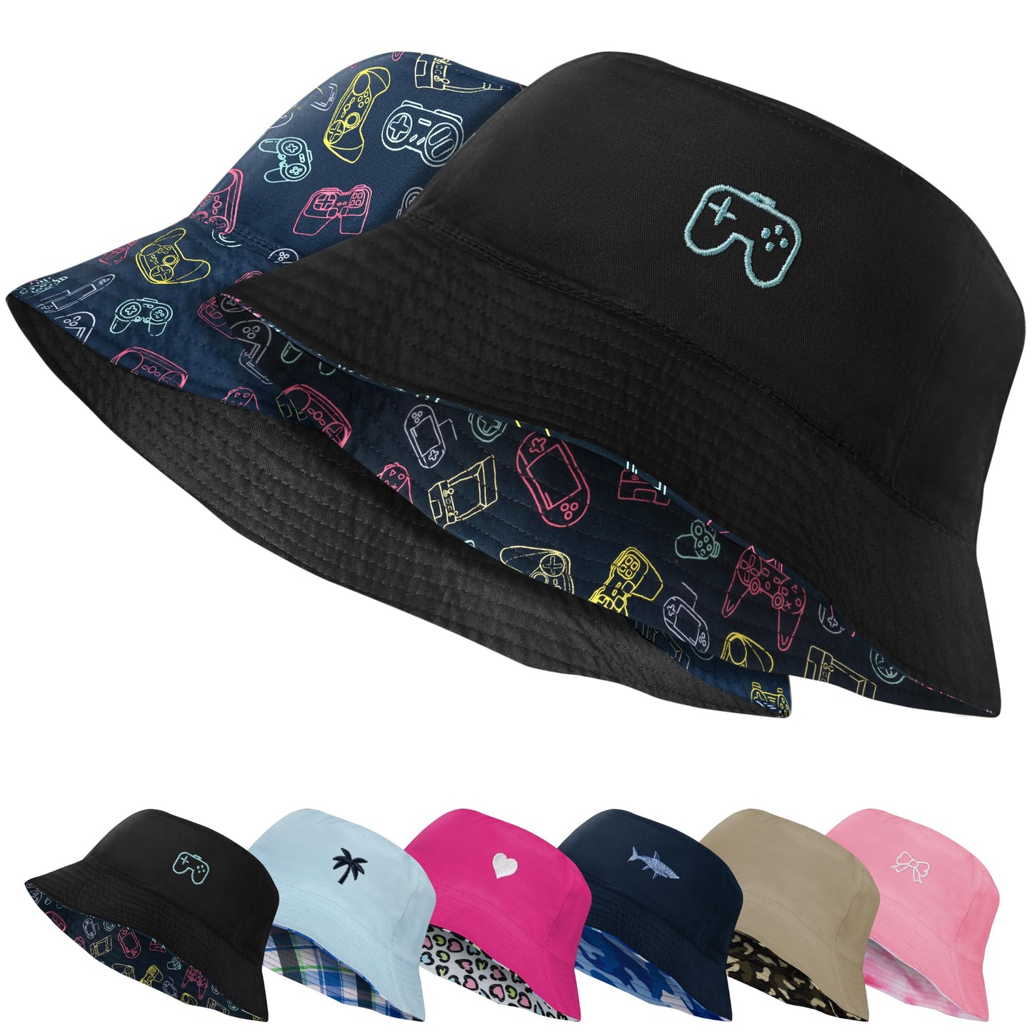HONGTEYA Kids Sun Hat UPF 50+ Double Side Bucket Hats for Boys Girls Summer Sun Protection Wide Brim Unisex Beach Outdoor