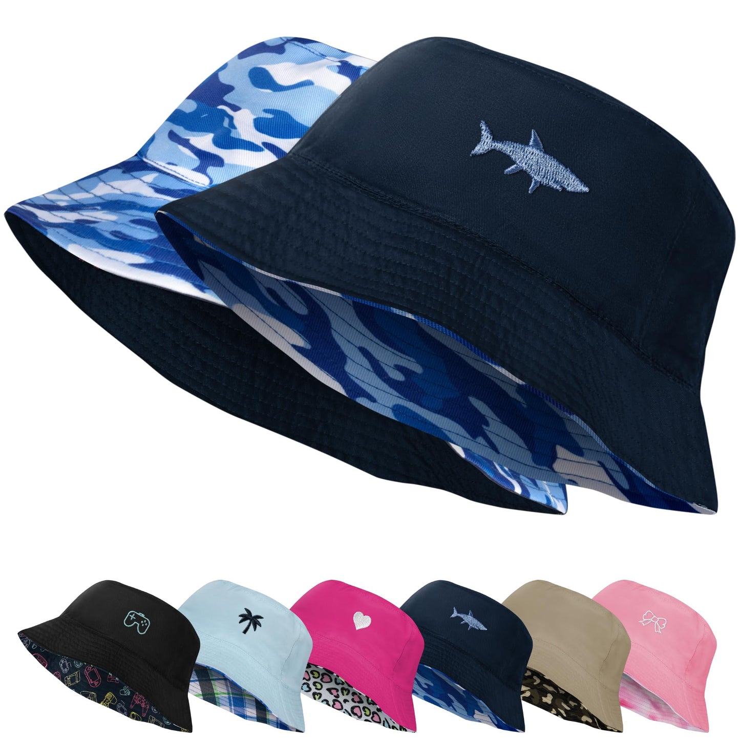 HONGTEYA Kids Sun Hat UPF 50+ Double Side Bucket Hats for Boys Girls Summer Sun Protection Wide Brim Unisex Beach Outdoor