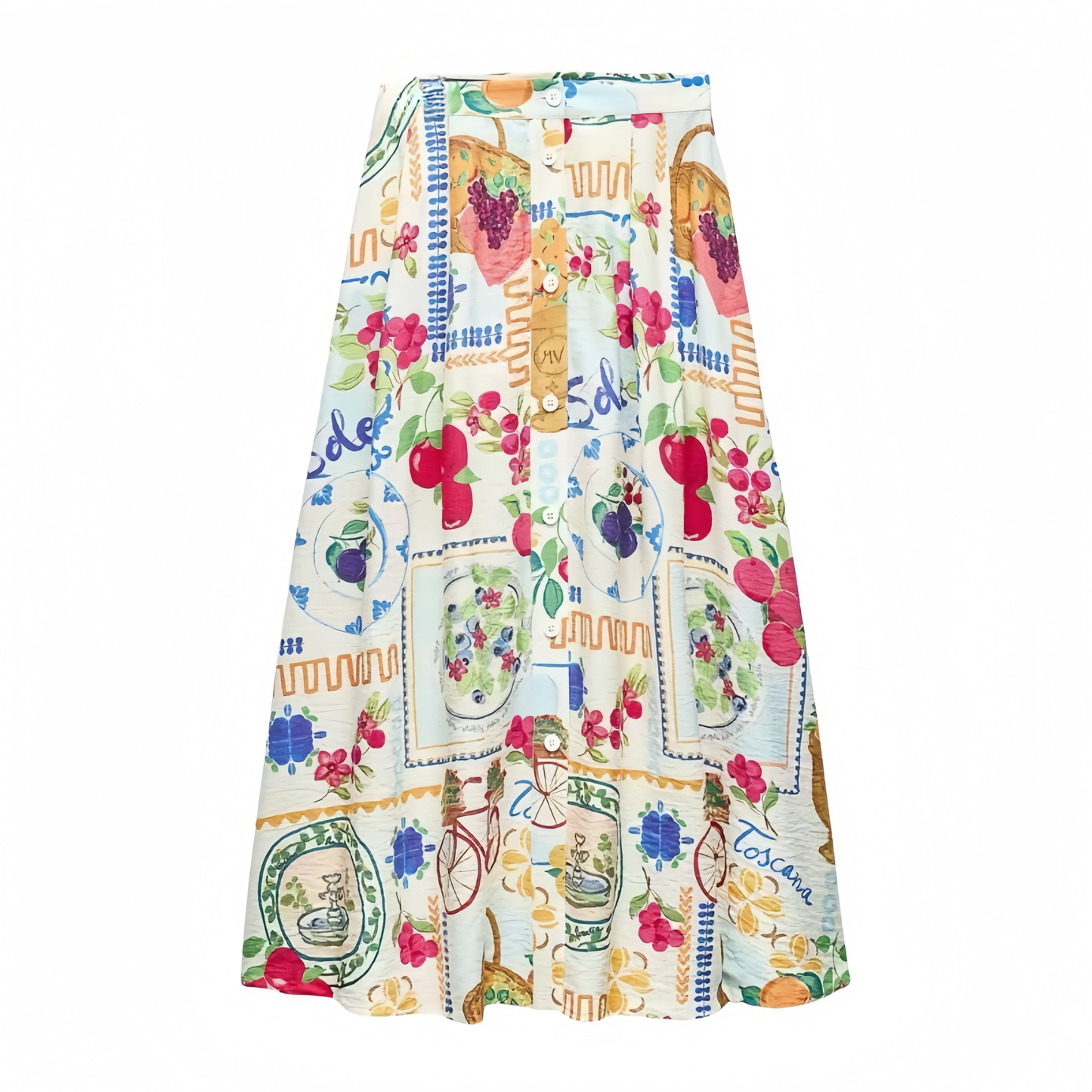 HONGTEYA Linen Blend Fruit Print Halterneck Pleated Top and Pocket Buttoned Maxi Skirt Set