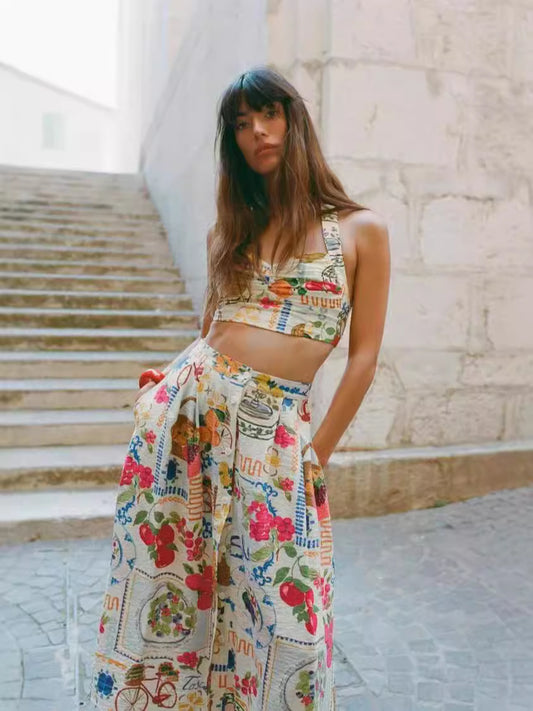 HONGTEYA Linen Blend Fruit Print Halterneck Pleated Top and Pocket Buttoned Maxi Skirt Set