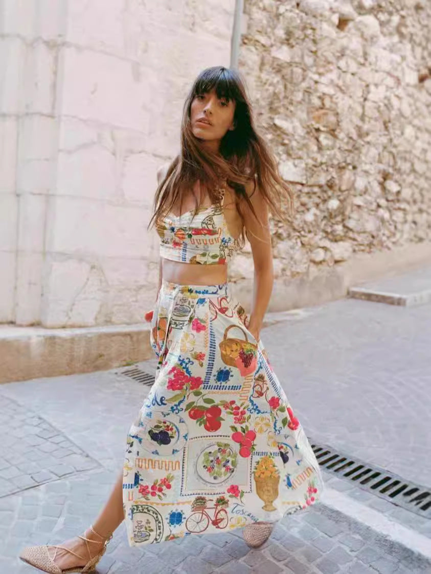 HONGTEYA Linen Blend Fruit Print Halterneck Pleated Top and Pocket Buttoned Maxi Skirt Set