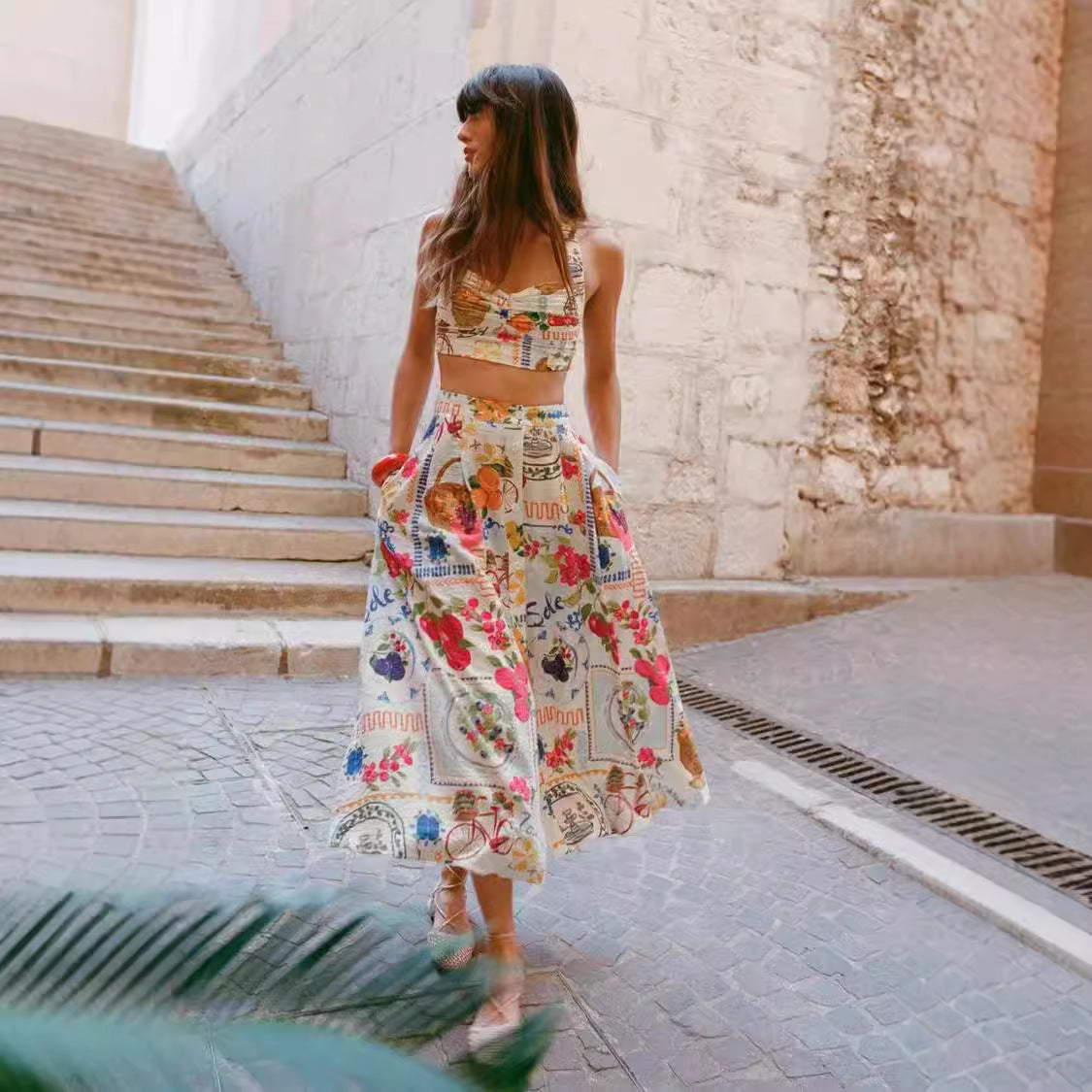 HONGTEYA Linen Blend Fruit Print Halterneck Pleated Top and Pocket Buttoned Maxi Skirt Set
