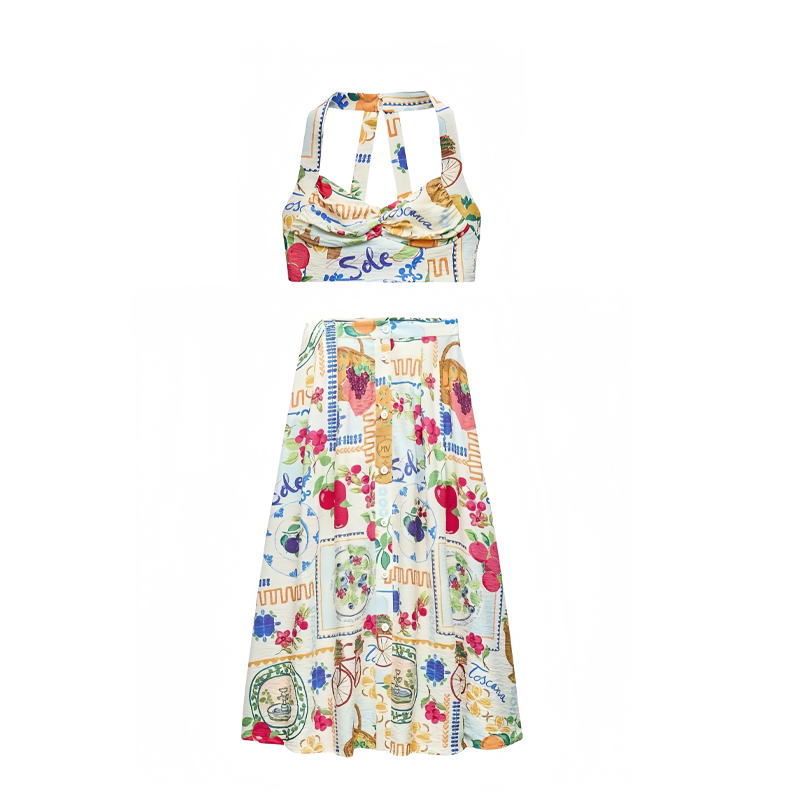 HONGTEYA Linen Blend Fruit Print Halterneck Pleated Top and Pocket Buttoned Maxi Skirt Set