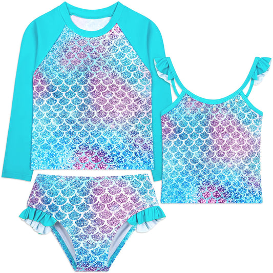 HONGTEYA 3 Pcs Girls Long Sleeve Swimsuit Rash Guard Swimsuit Quick Dry Tankini Bathing Suits Girls' Swimwear 3-9 Years