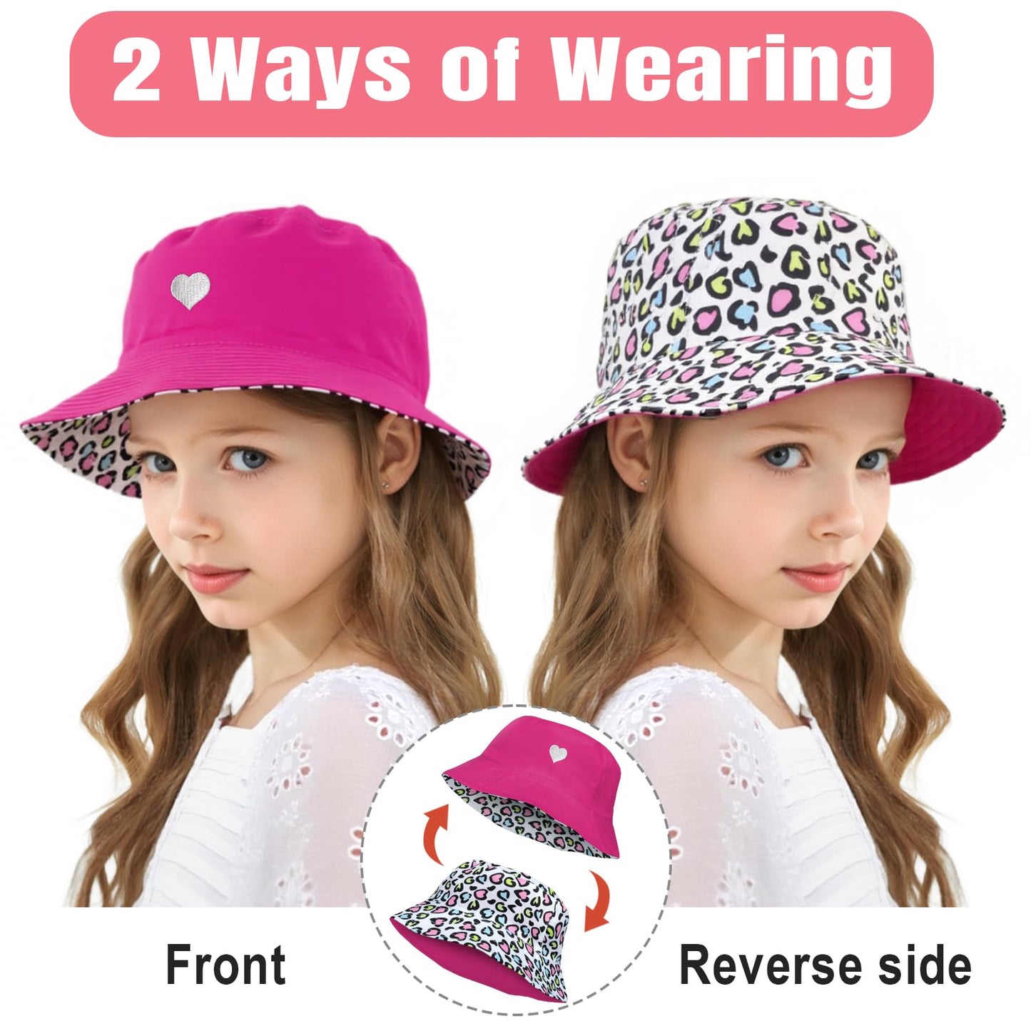 HONGTEYA Kids Sun Hat UPF 50+ Double Side Bucket Hats for Boys Girls Summer Sun Protection Wide Brim Unisex Beach Outdoor