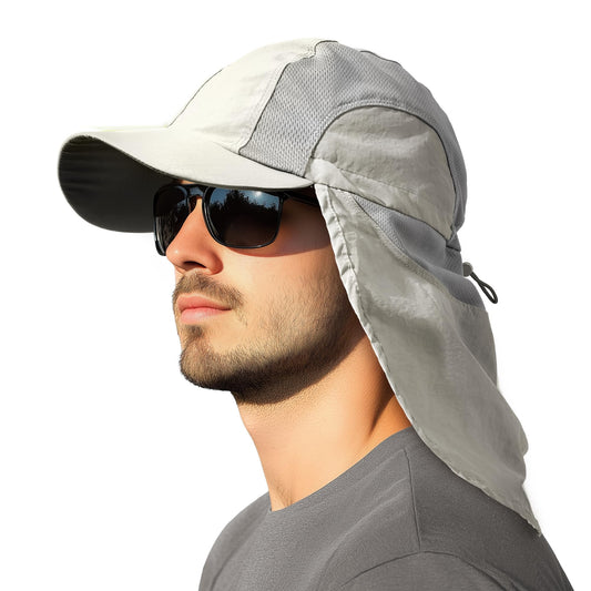 HONGTEYA Mens Sun Hat with Breathable Mesh, UPF 50+ Sun Protection Fishing Hat with Neck Flap for Fishing Hiking Cycling