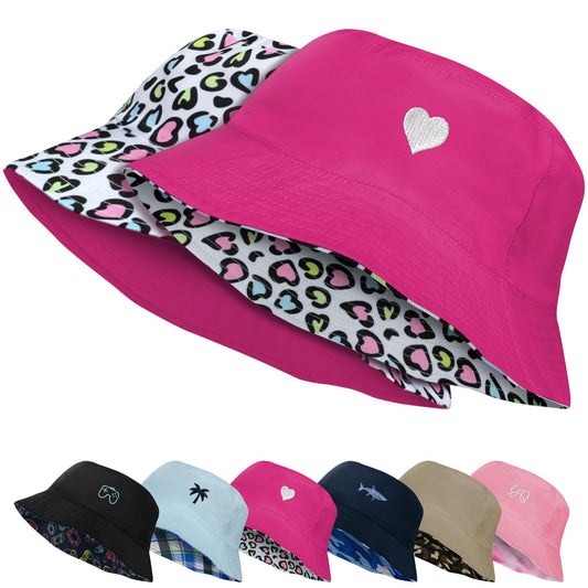 HONGTEYA Kids Sun Hat UPF 50+ Double Side Bucket Hats for Boys Girls Summer Sun Protection Wide Brim Unisex Beach Outdoor