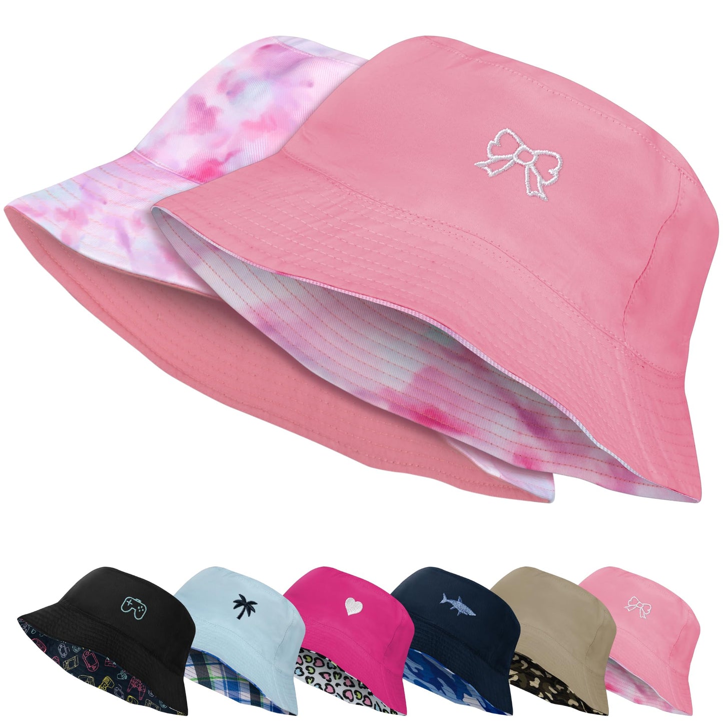 HONGTEYA Kids Sun Hat UPF 50+ Double Side Bucket Hats for Boys Girls Summer Sun Protection Wide Brim Unisex Beach Outdoor