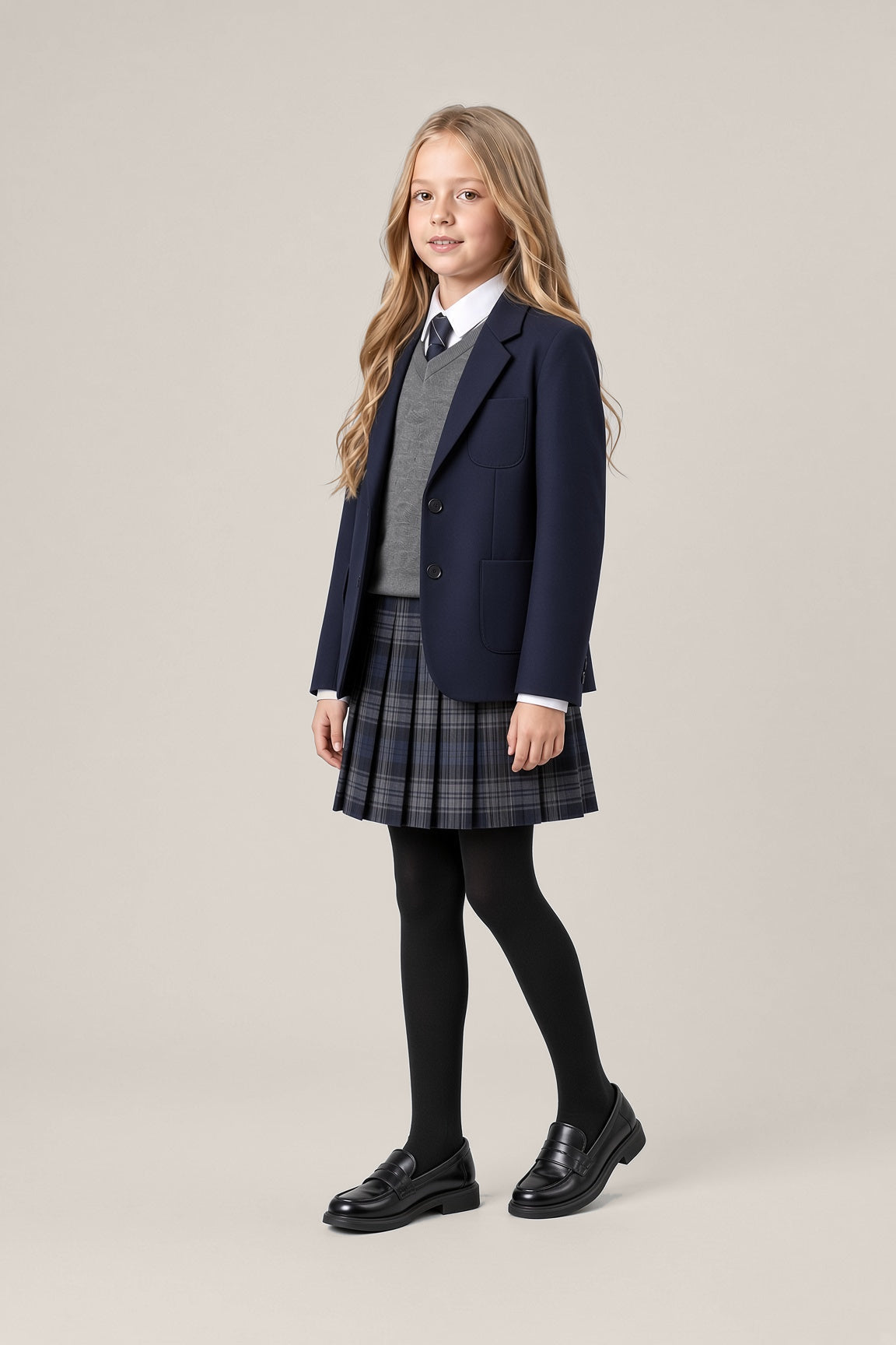 Girl wearing HONGTEYA black cotton tights in a warm greige studio