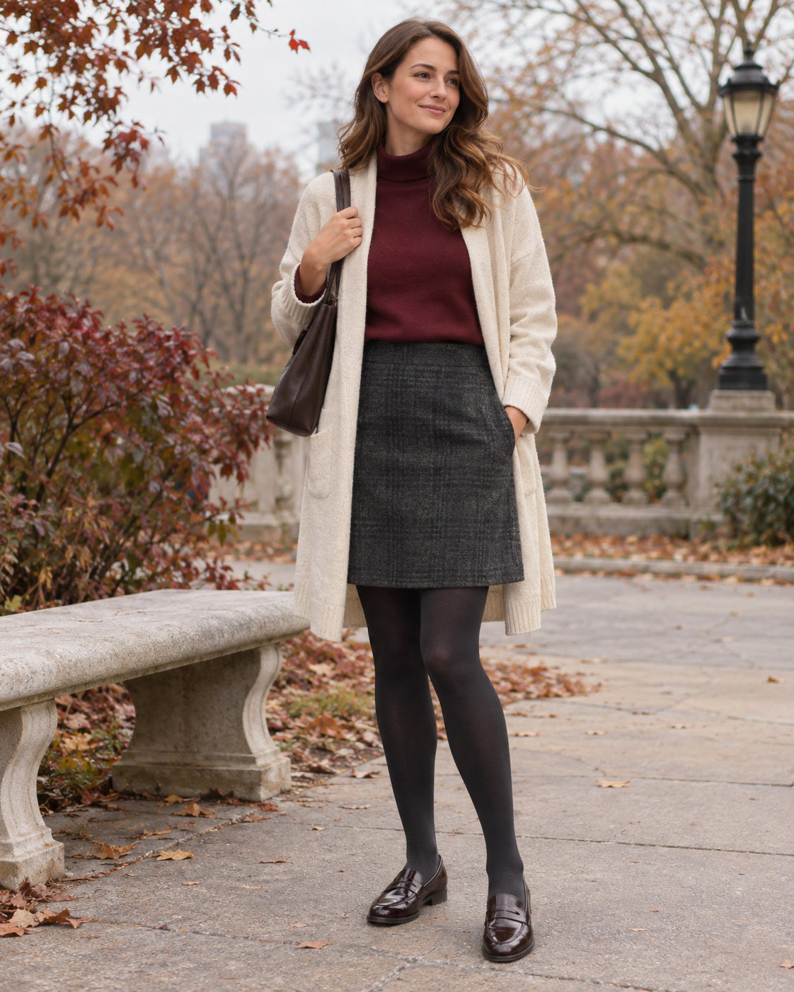 Woman wearing charcoal opaque tights with an ivory cardigan in autumn
