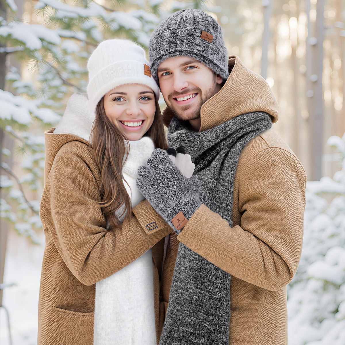 Couple wearing white and grey winter accessories outdoors from the Hongteya Women’s 4-Piece Winter Essentials Set