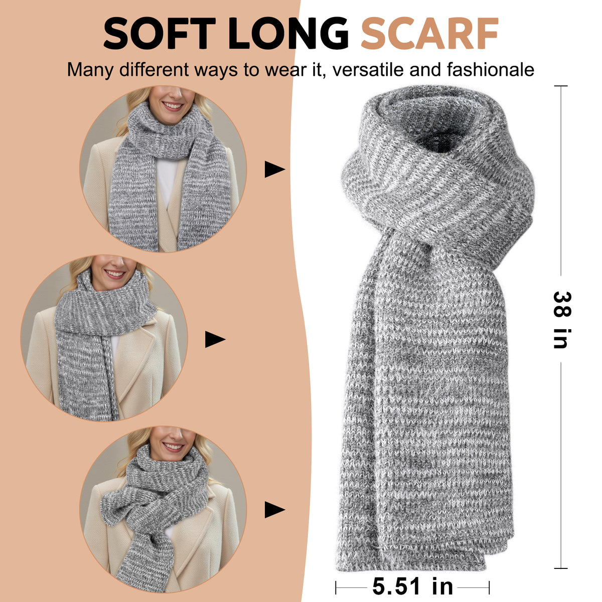 Grey scarf dimensions and styling guide from the Hongteya Women’s 4-Piece Winter Essentials Set
